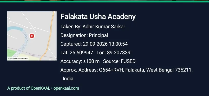 Example Geo Camera evidence footer with map, organization name, captured by, date, coordinates, location accuracy, FUSED source and approximate address