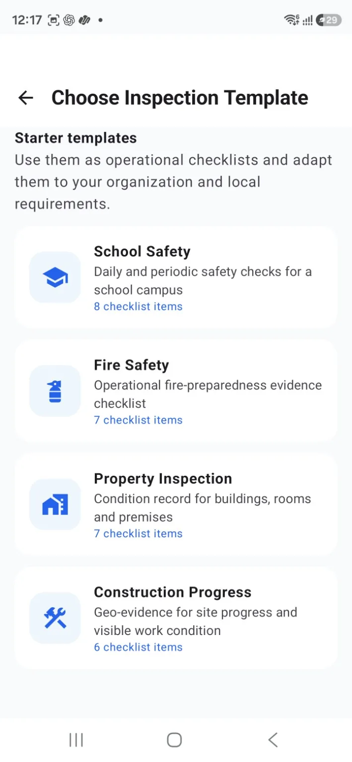 Geo Camera by OpenKAAL inspection templates for school safety, fire safety, property inspection and construction progress